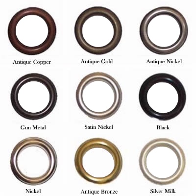 Eyelet Colour guide showing our range of metal eyelet colours including Antique Gold, Antique Copper, Antique Nickel, Gun Metal, Satin Nickel, Black, Nickel, Antique Bronze and Silver Milk